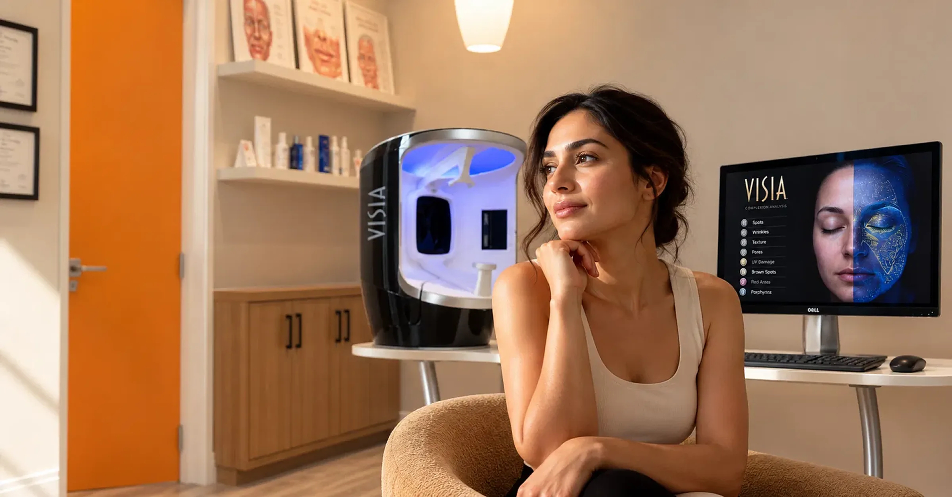 Client seated beside the VISIA skin analysis system at Vimi Laser & Skincare Clinic